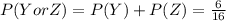 P (Y or Z) = P(Y) + P(Z) = \frac{6}{16}