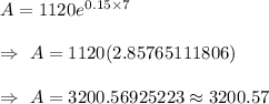 A = 1120e^{0.15\times7}\\\\\Rightarrow\ A=1120 (2.85765111806)\\\\\Rightarrow\ A=3200.56925223\approx3200.57