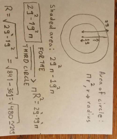 Two concentric circles with radii of 19 and 29 units bound a shaded region. a third circle will be d