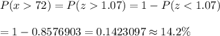 P(x72)=P(z1.07)=1-P(z
