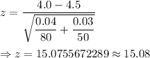 z=\dfrac{4.0-4.5}{\sqrt{\dfrac{0.04}{80}+\dfrac{0.03}{50}}}\\\\\Rightarrow z=15.0755672289\approx15.08