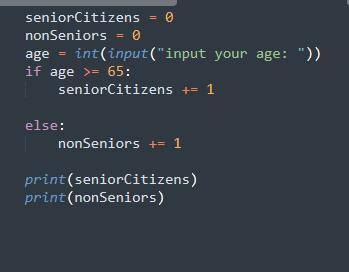 Write an if/else statement that compares the variable age with 65, adds 1 to the variable seniorciti