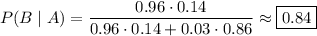 P(B\mid A)=\dfrac{0.96\cdot0.14}{0.96\cdot0.14+0.03\cdot0.86}\approx\boxed{0.84}