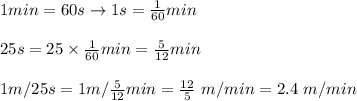1min=60s\to1s=\frac{1}{60}min\\\\25s=25\times\frac{1}{60}min=\frac{5}{12}min\\\\1m/25s=1m/\frac{5}{12}min=\frac{12}{5}\ m/min=2.4\ m/min