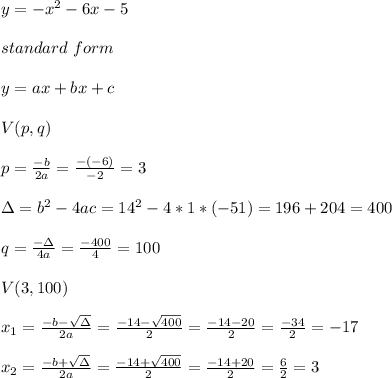y=-x ^2  - 6x -5 \\ \\ 	standard \  form \\ \\y=ax+bx+c \\ \\V(p,q)\\ \\ p=\frac{-b}{2a}=\frac{-(-6)}{-2}=3\\ \\\Delta = b^{2}-4ac =14^{2}-4*1*(-51)=196+204=400 \\ \\q=\frac{-\Delta }{4a} =\frac{-400}{4}=100\\ \\V( 3,100)\\ \\x_{1}=\frac{-b-\sqrt{\Delta }}{2a} =\frac{-14- \sqrt{400}}{2}=\frac{-14-20}{2}= \frac{-34}{2}=-17\\ \\x_{2}=\frac{-b+\sqrt{\Delta }}{2a} =\frac{-14+ \sqrt{400}}{2}=\frac{-14+20}{2}= \frac{6}{2}=3