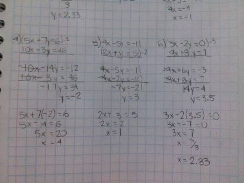 Elimination  2x-3y=-3 5x+3y=17 2) x+3y=10 2x-3y=2 3) 4x+3y=-1 2x+5y=3 4) 5x+7=6 10x-3y=46 5)4x-5y=-1