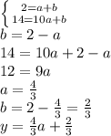 \left \{ {{2=a+b} \atop {14=10a+b}} \right.\\b=2-a\\14=10a+2-a\\12=9a\\a= \frac{4}{3} \\b=2- \frac{4}{3}=\frac{2}{3}\\y=\frac{4}{3}a+\frac{2}{3}