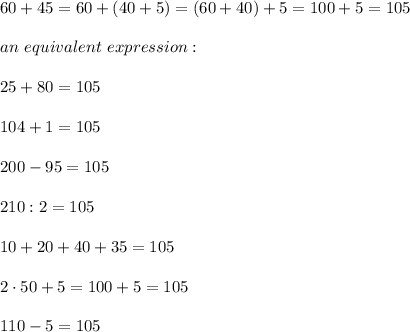 60+45=60+(40+5)=(60+40)+5=100+5=105\\\\an\ equivalent\ expression:\\\\25+80=105\\\\104+1=105\\\\200-95=105\\\\210:2=105\\\\10+20+40+35=105\\\\2\cdot50+5=100+5=105\\\\110-5=105