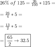 26\% \ of \ 125= \frac{26}{100}*125= \\\\= \frac{26}{4}*5= \\\\ =\frac{13}{2}*5= \\\\ =\boxed{\frac{65}{2}\to32.5}