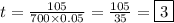t = \frac{105}{700\times 0.05} = \frac{105}{35} = \boxed{3}