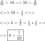 \frac{4}{5b}=16 = 5b= \frac{4}{16} \\ \\ 5b=\frac{1}{4}  \\ \\ b=\frac{\frac{1}{4}}{5}= \frac{1}{4}*\frac{1}{5}= \\ \\ =\boxed{b=\frac{1}{20}}