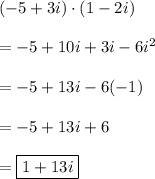 (-5+3i)\cdot(1-2i)\\\\=-5+10i+3i-6i^2\\\\=-5+13i-6(-1)\\\\=-5+13i+6\\\\=\boxed{1+13i}