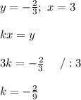 y=-\frac{2}{3};\ x=3\\\\kx=y\\\\3k=-\frac{2}{3}\ \ \ \ /:3\\\\k=-\frac{2}{9}