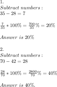 1.\\&#10;Subtract\ numbers:\\&#10;35-28=7\\\\&#10;\frac{7}{35}*100\%=\frac{700}{35}\%=20\%\\\\&#10;Answer\ is\ 20\%\\\\&#10;2.\\&#10;Subtract\ numbers:\\&#10;70-42=28\\\\&#10;\frac{28}{70}*100\%=\frac{2800}{70}\%=40\%\\\\&#10;Answer\ is\ 40\%.