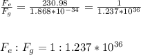 \frac{F_e}{F_g} = \frac{230.98}{1.868 * 10^{-34}} = \frac{1}{1.237 * 10^{36}} \\\\\\F_e:F_g = 1:1.237 * 10^{36}