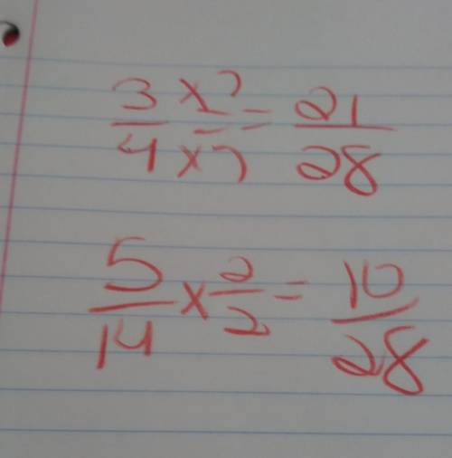 Rewrite the fractions 3/4 and 5/14 as fractions with a least common denominator?