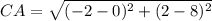 CA = \sqrt{(-2-0)^{2}+(2-8)^{2}}