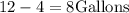 12 - 4 = 8 \text{Gallons}