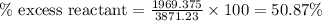 \% \text{ excess reactant}=\frac{1969.375}{3871.23}\times 100=50.87\%