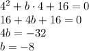 4^2+b\cdot4+16=0\\&#10;16+4b+16=0\\&#10;4b=-32\\&#10;b=-8&#10;