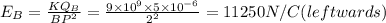 E_{B}=\frac{KQ_{B}}{BP^{2}}=\frac{9\times10^{9}\times5\times10^{-6}}{2^{2}}=11250 N/C (leftwards)
