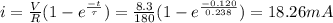 i=\frac{V}{R}(1-e^\frac{-t}{\tau })=\frac{8.3}{180}(1-e^\frac{-0.120}{0.238})=18.26mA