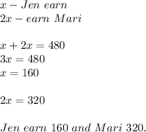 x-Jen\ earn\\2x-earn\ Mari\\\\x+2x=480\\3x=480\\x=160\\\\2x=320\\\\Jen\ earn\ 160\ and\ Mari\ 320.