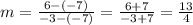 m = \frac {6 - (- 7)} {- 3 - (- 7)} = \frac {6 + 7} {- 3 + 7} = \frac {13} {4}