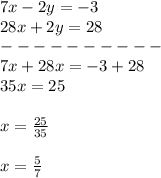 7x-2y=-3\\28x+2y=28\\----------\\7x+28x=-3+28\\35x=25\\\\ x=\frac{25}{35}\\\\x=\frac{5}{7}