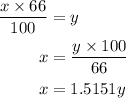 \begin{aligned}\frac{{x\times66}}{{100}}&=y\\x&=\frac{{y\times 100}}{{66}}\\x&=1.5151y\\\end{aligned}