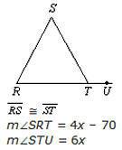 Find the value of x.line rs= line stm angle srt = 4x-70m angle stu = 6xa. -35b. 25c. 2d. none of the