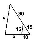In the figure below, the segment is parallel to one side of the triangle. the ratio of 12 to y is 1: