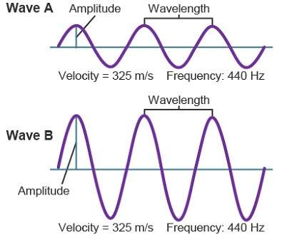 Two waves are shown. each wave has the same frequency and velocity. however, wave b carries more ene