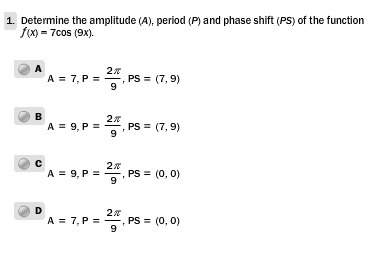 Determine the amplitude (a), period (p), and phase shift (ps) of the function f(x) = 7cos (9x).