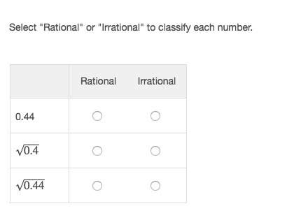 Select "rational" or "irrational" to classify each number.