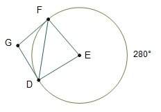 Angle g is a circumscribed angle of circle e. major arc fd measures 280°. what is the measure of ang
