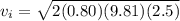 v_i = \sqrt{2(0.80)(9.81)(2.5)}
