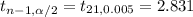 t_{n-1, \alpha/2}=t_{21,0.005}= 2.831