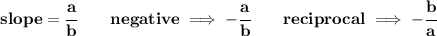 \bf slope=\cfrac{a}{{{ b}}}\qquad negative\implies  -\cfrac{a}{{{ b}}}\qquad reciprocal\implies - \cfrac{{{ b}}}{a}