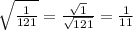 \sqrt{\frac{1}{121}}=\frac{\sqrt{1}}{\sqrt{121}}=\frac{1}{11}