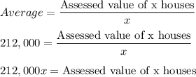 Average=\dfrac{\text{Assessed value of x houses}}{x}\\\\212,000=\dfrac{\text{Assessed value of x houses}}{x}\\\\212,000x=\text{Assessed value of x houses}