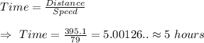 Time=\frac{Distance}{Speed}\\\\\Rightarrow\ Time=\frac{395.1}{79}=5.00126..\approx5\ hours