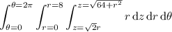 \displaystyle\int_{\theta=0}^{\theta=2\pi}\int_{r=0}^{r=8}\int_{z=\sqrt2r}^{z=\sqrt{64+r^2}}r\,\mathrm dz\,\mathrm dr\,\mathrm d\theta