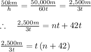 \frac { 50km }{ h } =\frac { 50,000m }{ 60t } =\frac { 2,500m }{ 3t } \\ \\ \therefore \quad \frac { 2,500m }{ 3t } =nt+42t\\ \\ \frac { 2,500m }{ 3t } =t\left( n+42 \right)