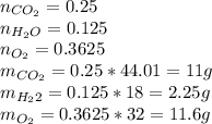n_{CO_{2}}=0.25\\n_{H_{2}O}=0.125\\n_{O_{2}}=0.3625\\m_{CO_{2}}=0.25*44.01=11g\\m_{H_{2}2}=0.125*18=2.25g\\m_{O_{2}}=0.3625*32=11.6g