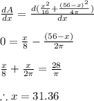 \frac{dA}{dx}=\frac{d(\frac{x^{2}}{16}+\frac{(56-x)^{2}}{4\pi })}{dx}\\\\0=\frac{x}{8}-\frac{(56-x)}{2\pi }\\\\\frac{x}{8}+\frac{x}{2\pi }=\frac{28}{\pi }\\\\\therefore x=31.36