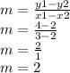 m = \frac{y1-y2}{x1-x2}\\m=\frac{4-2}{3-2} \\m=\frac{2}{1} \\m = 2