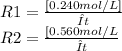 R1 = \frac{[0.240 mol/L]}{Δt}  \\R2 = \frac{[0.560 mol/L}{Δt}