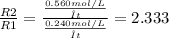 \frac{R2}{R1} = \frac{\frac{0.560 mol/L}{Δt} }{\frac{0.240 mol/L}{Δt} } = 2.333