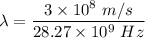 \lambda=\dfrac{3\times 10^8\ m/s}{28.27\times 10^9\ Hz}